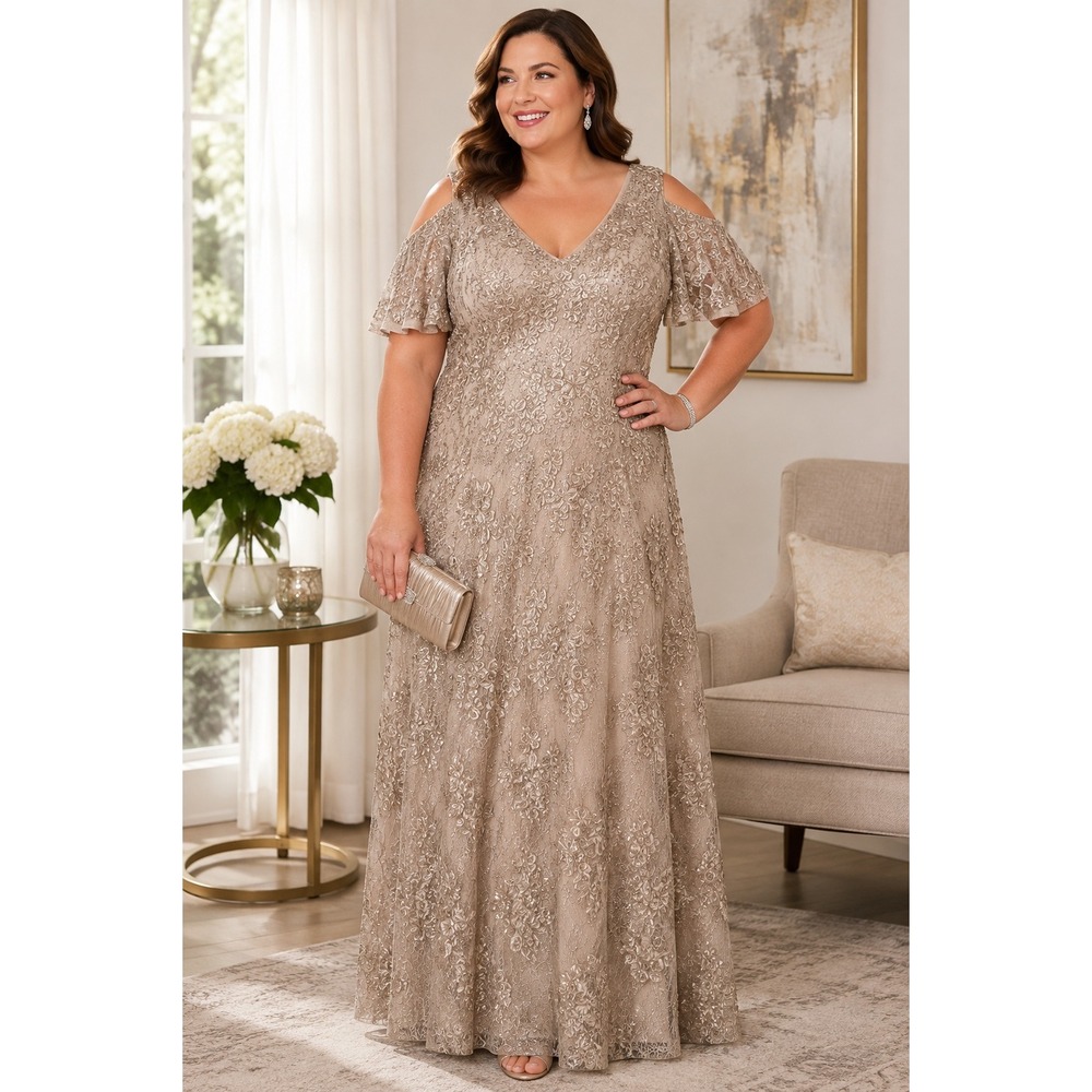 Alex Evenings Plus Size 18W Beige Lace Sequin Cold Shoulder V-Neck A-Line Gown